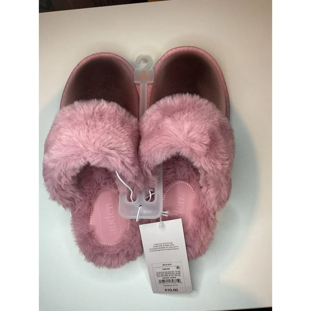 Auden Kids Metallic Faux Leather Slippers Pink Faux Fur Trim S 5/6 New